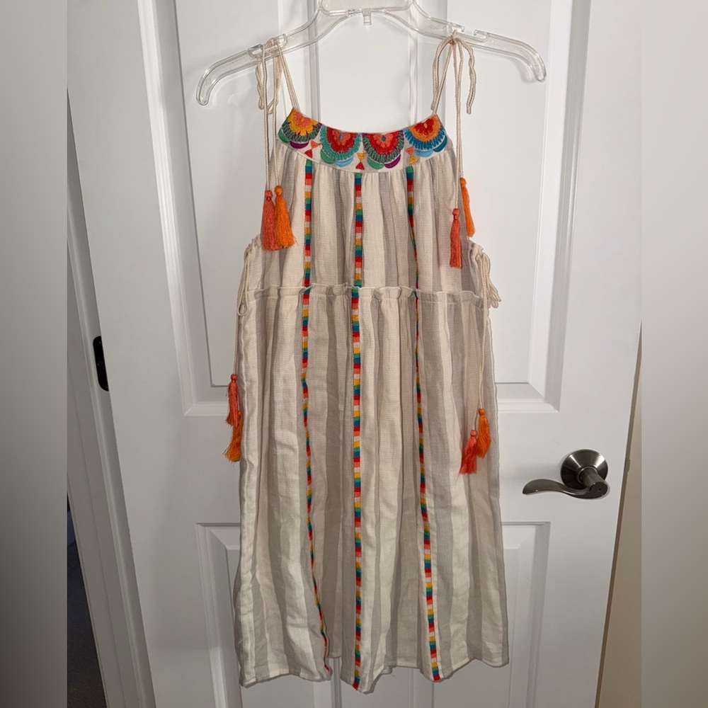 THML Cream Maxi Dress with Rainbow Trim & Orange Tassels